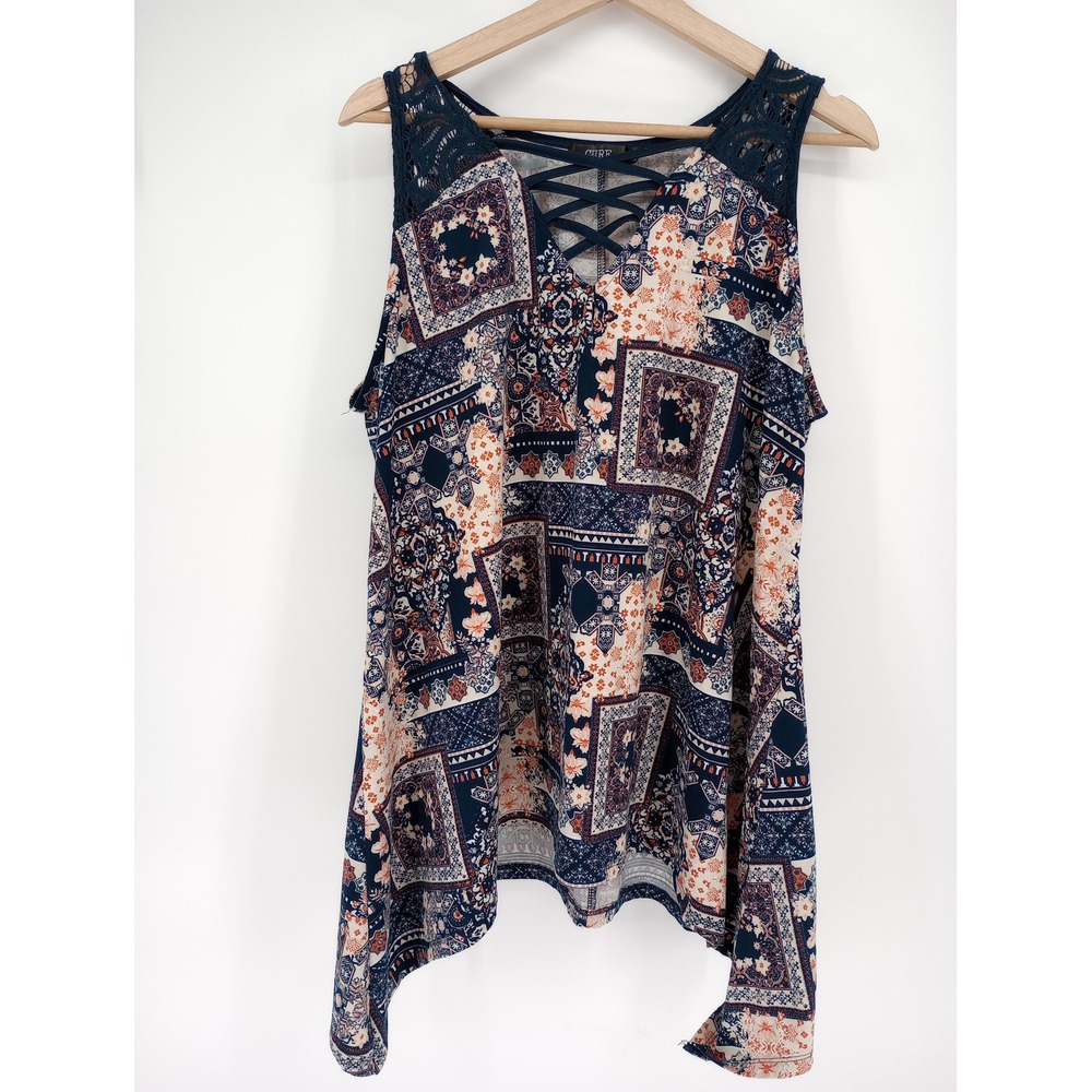 CURE Tank Top Womens 2XL Navy Blue Boho Lace Lattice Sharkbite Hem